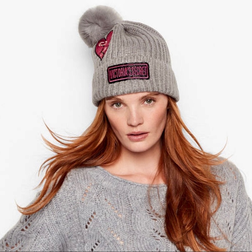 Victoria's Secret Winter Angel Patch Hat BEANIE Color Gray Heart Patch